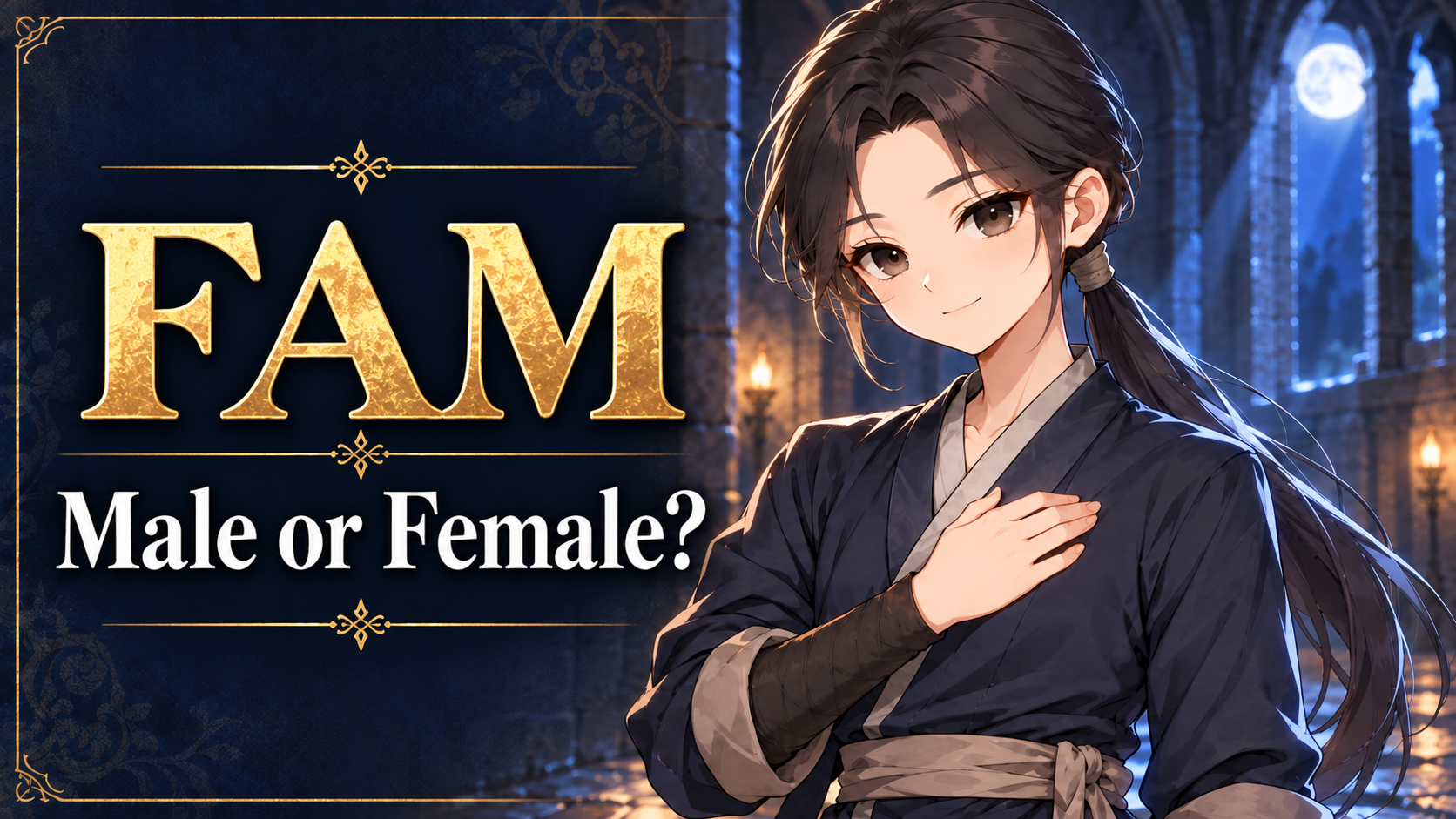 Illustration of Fam with a hand on his chest in a moonlit stone hall, beside the text “FAM — Male or Female?”
